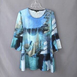 Damee Tunic Top Blue Abstract Art To Wear 3/4 Bell Sleeve Watercolor - Large